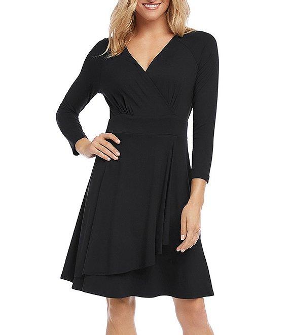 Karen Kane Petite Size V-Neck 3/4 Sleeve Faux Wrap Drape Dress Product Image