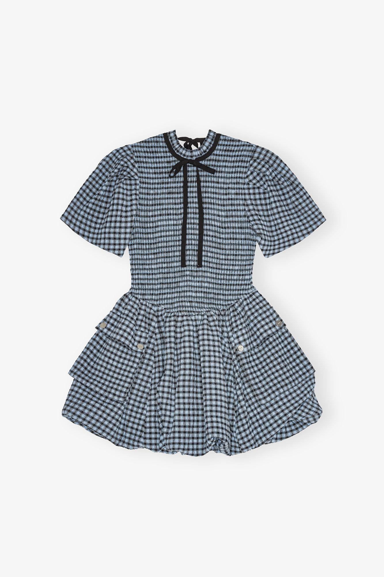 Blue Seersucker Check Mini Smock Dress Product Image