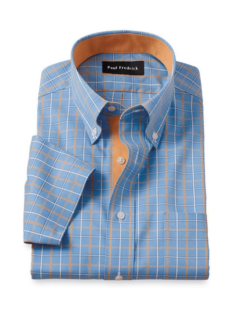 Comfort Stretch Non-Iron Check Dress Shirt With Contrast Trim - Blue/melon Product Image