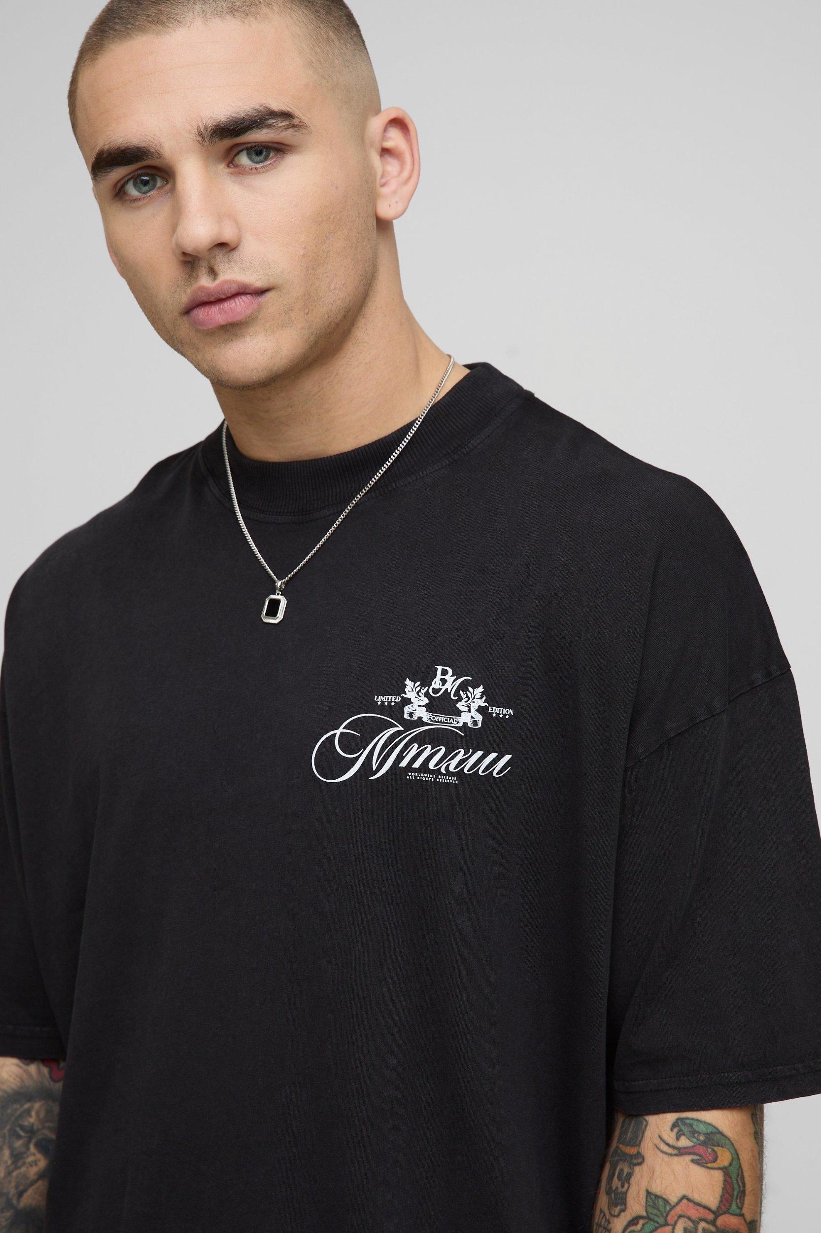 Black Oversized Extended Neck Washed BM Crest T-Shirt | boohooMAN USA Product Image