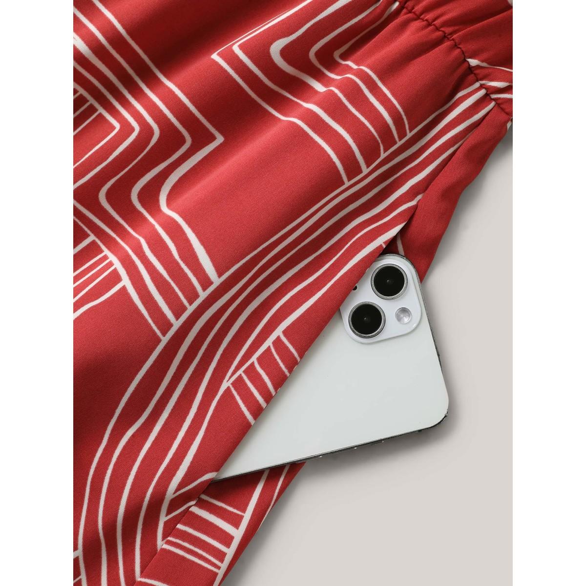 Plus Size Geometric Print Belted Pockets Midi Dress Maroon Women Notched collar Short sleeve Curvy BloomChic 14-16/1X Product Image