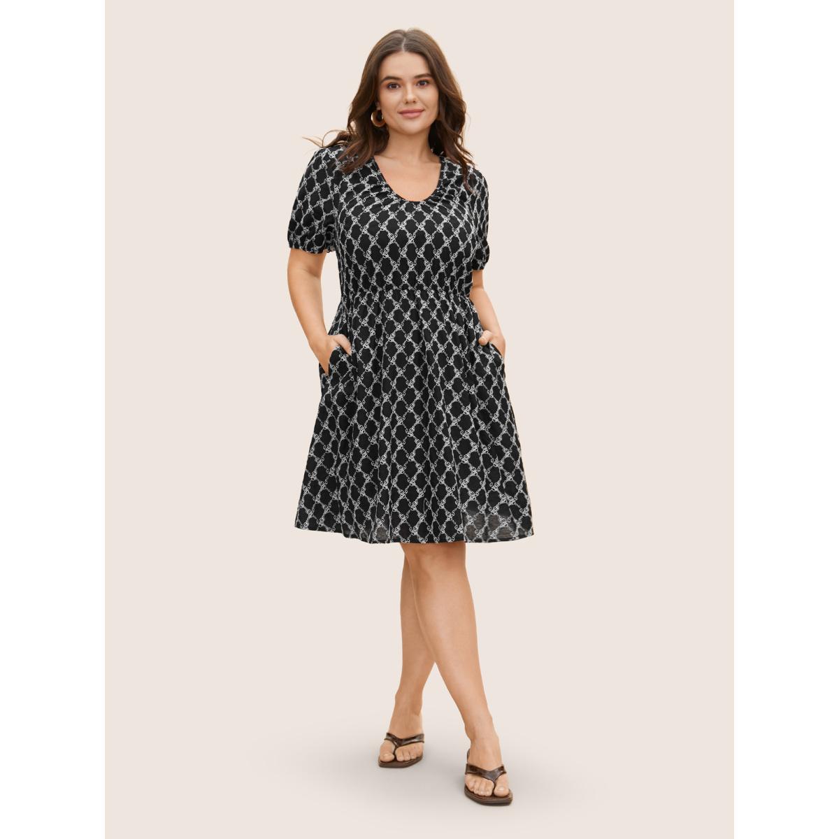 Plus Size U Neck Geometric Tie Knot Puff Sleeve Dress Black Women Casual Texture U-neck Short sleeve Curvy BloomChic 12/L Product Image