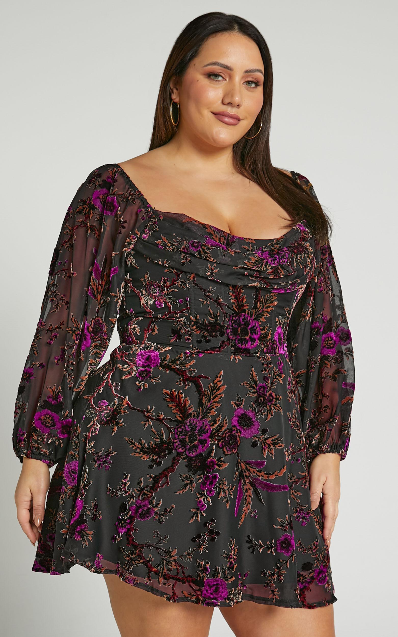 Jessell Mini Dress - Long Sleeve Cowl Corset Dress in Black Floral Product Image
