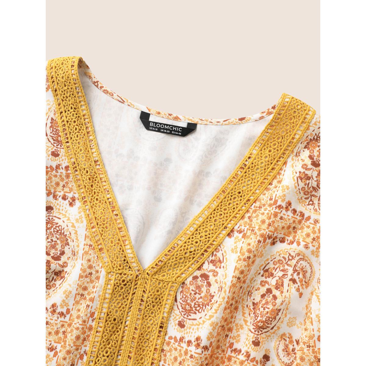 Plus Size Orange Boho Print Lace Trim Gathered Blouse Women Resort Short sleeve V-neck Vacation Blouses BloomChic 22-24/3X Product Image