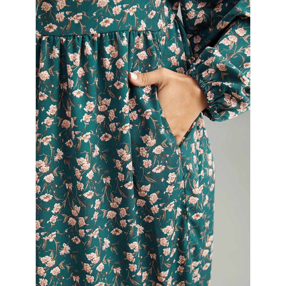 Plus Size Ditsy Floral Square Neck Elastic Waist Ties Dress Teal Women Vacation Elastic cuffs Square Neck Long Sleeve Curvy Midi Dress BloomChic 14-16/1X Product Image
