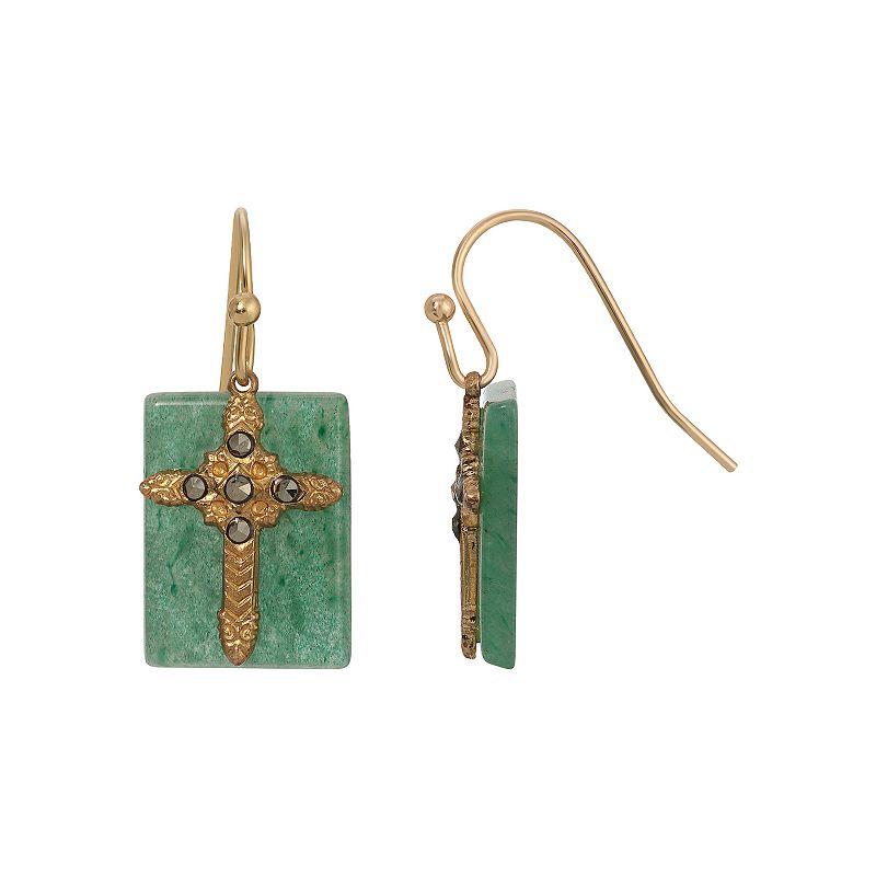 Symbols of Faith Gold Tone Semi-Precious Cross Drop Earrings, Womens, Black Product Image