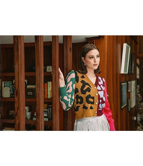 CROSBY by Mollie Burch Jovie Cashmere Blend Intarsia Knit Color Block Leopard V-Neck Long Sleeve Button Front Cardigan Product Image