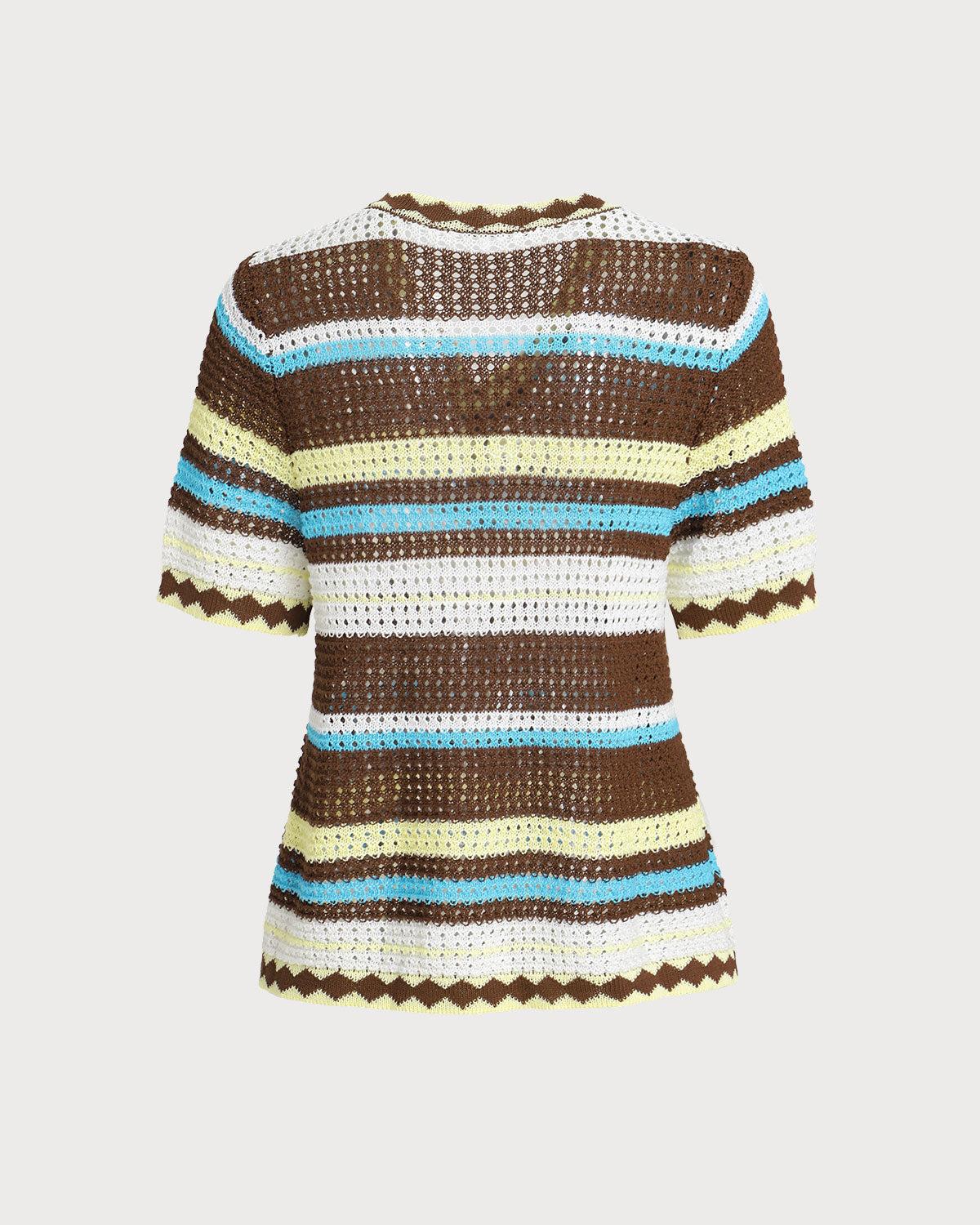 Striped Round Neck Crochet Blouse Product Image