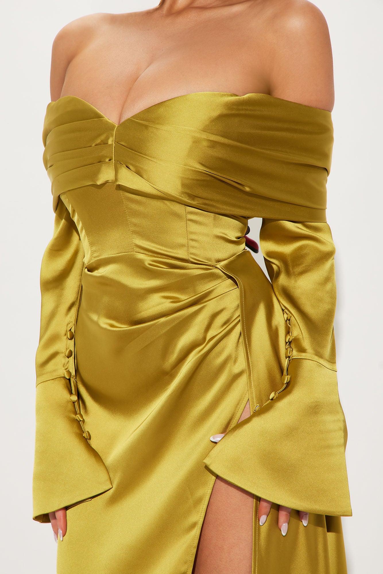Kalena Off Shoulder Satin Maxi Dress - Chartreuse Product Image