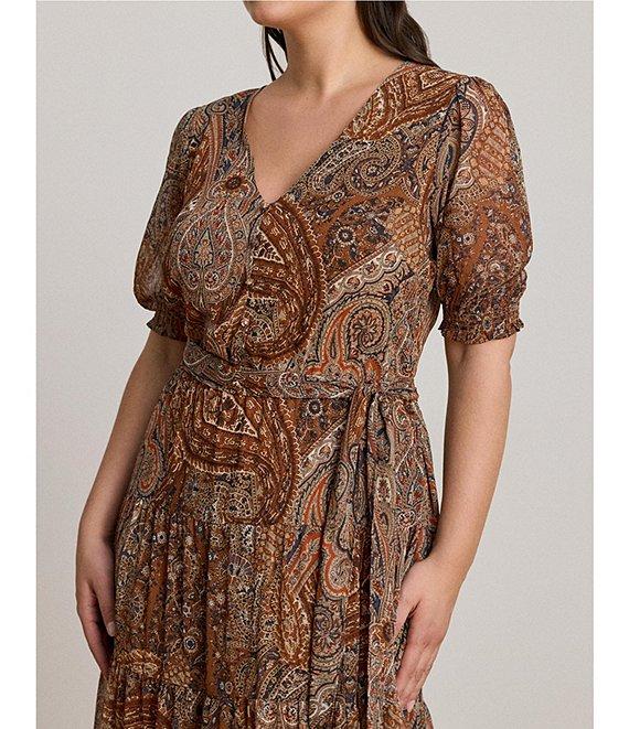 Lauren Ralph Lauren Plus Size Paisley Belted Georgette A-Line Maxi Dress Product Image