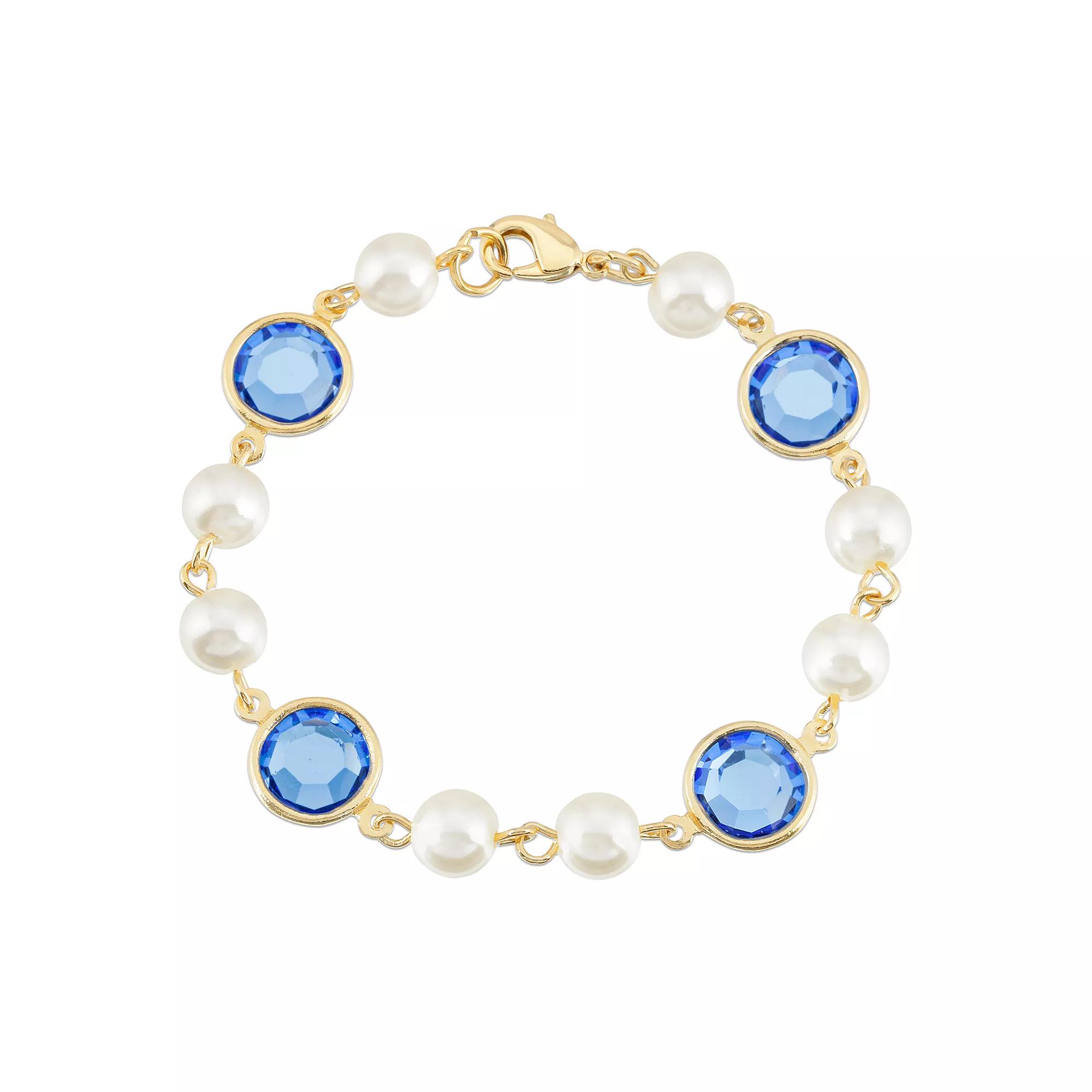1928 Gold Tone Simulated Pearl & Crystal Chain Bracelet, Womens, Dark Blue Product Image