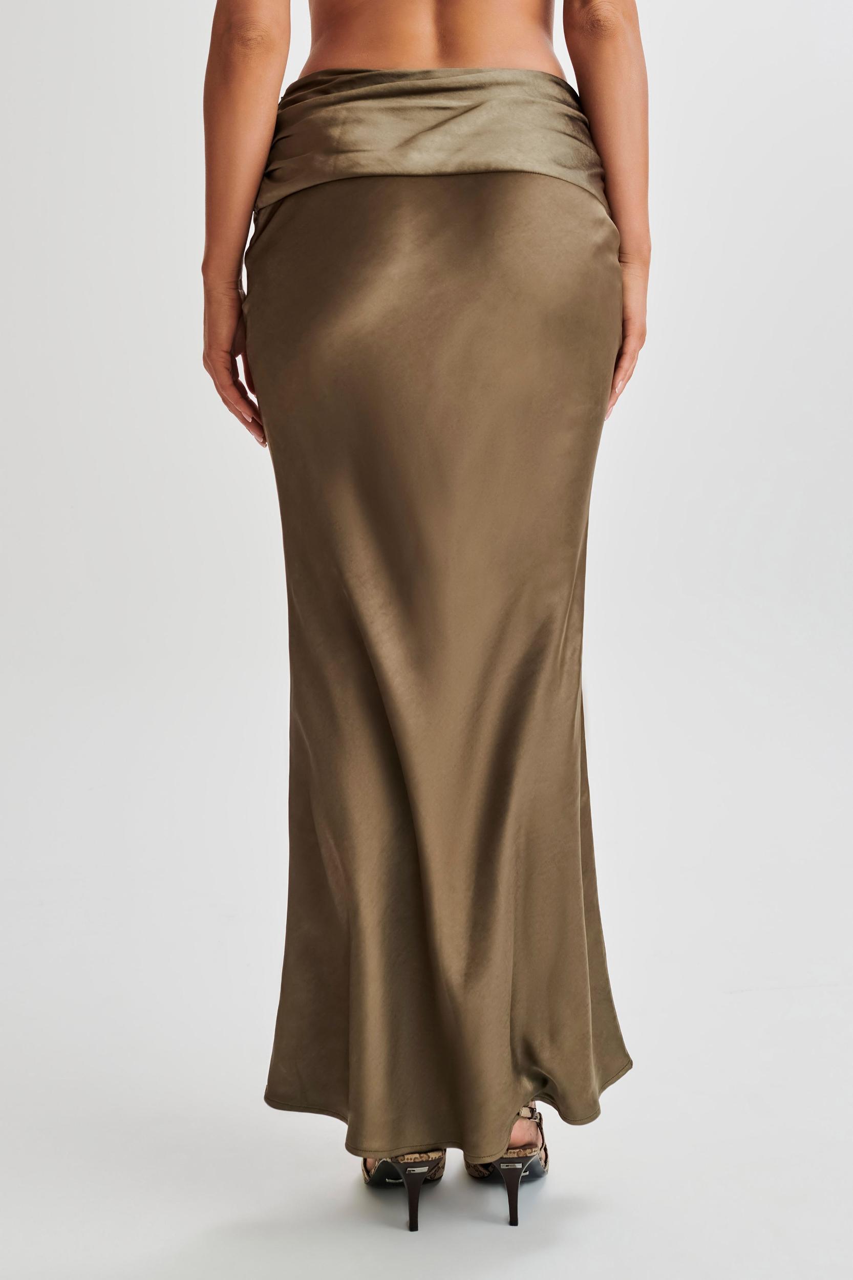 Khalani Ruched Satin Maxi Skirt - Khaki Product Image