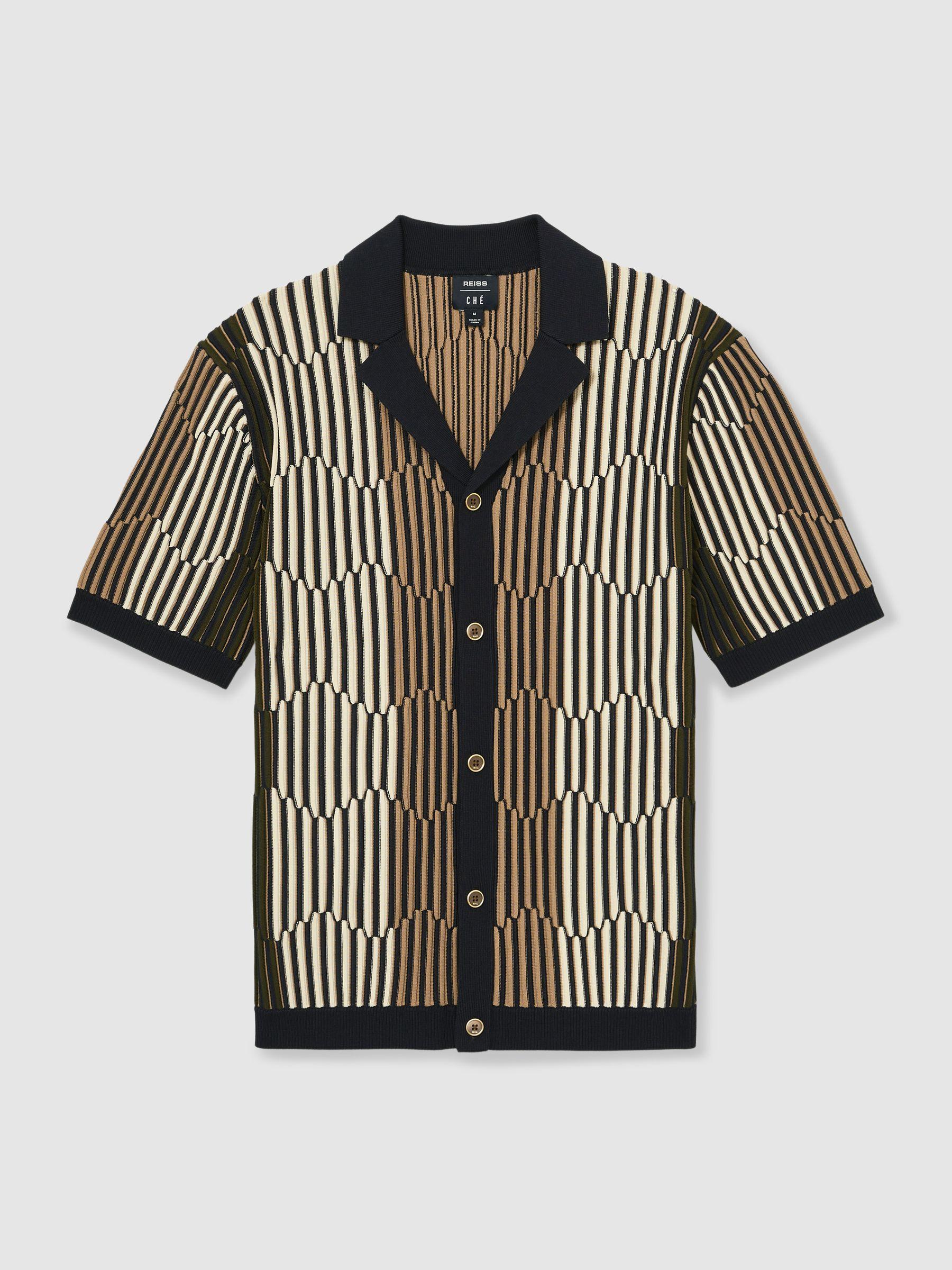 Reiss | Ché Stripe-Intarsia Shirt in Navy/Camel Product Image