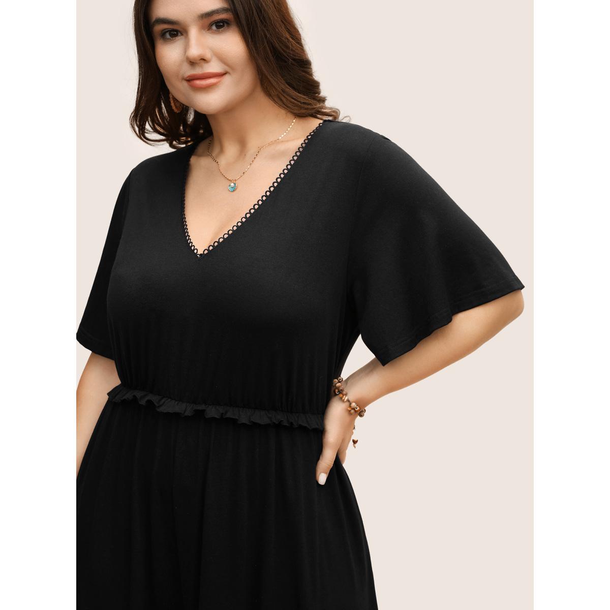 Plus Size Black V Neck Lace Panel Frill Trim Jumpsuit Women Resort Short sleeve V-neck Vacation Loose Jumpsuits BloomChic 26/4X Product Image