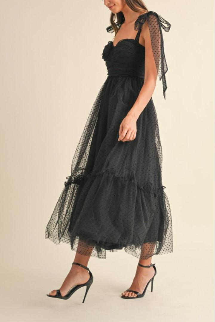 Polka Dot Mesh Tie Shoulder Midi Dress Product Image