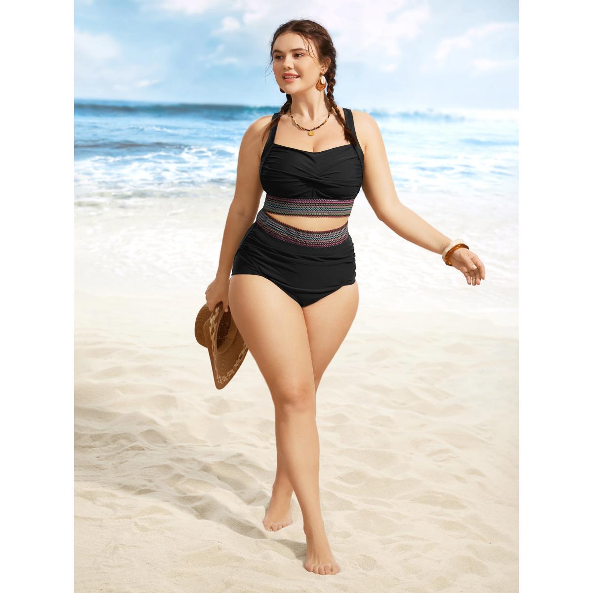 Plus Size Woven Ribbon Gathered High Rise Swim Bottom Women's Swimwear Black Resort Woven ribbon&lace trim High stretch Skinny High Rise Curve Swim Bottoms BloomChic 28/5X Product Image