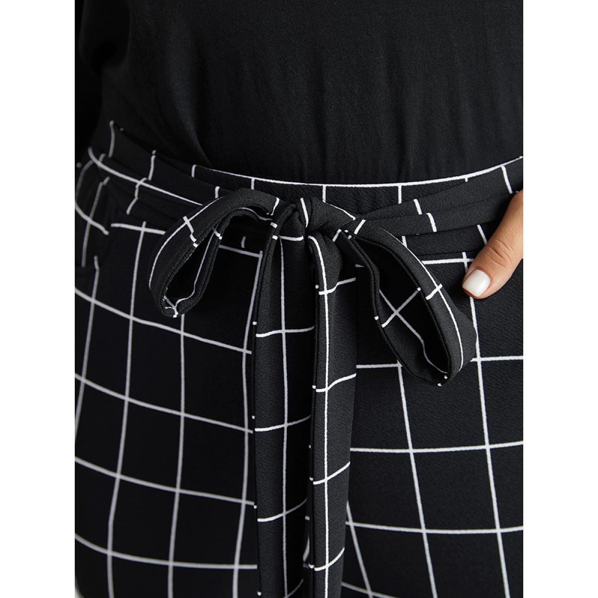 Plus Size Plaid Elastic Waist Ties Bodycon Pants Women Black Elegant Bodycon High Rise Dailywear Pants BloomChic 12/L Product Image