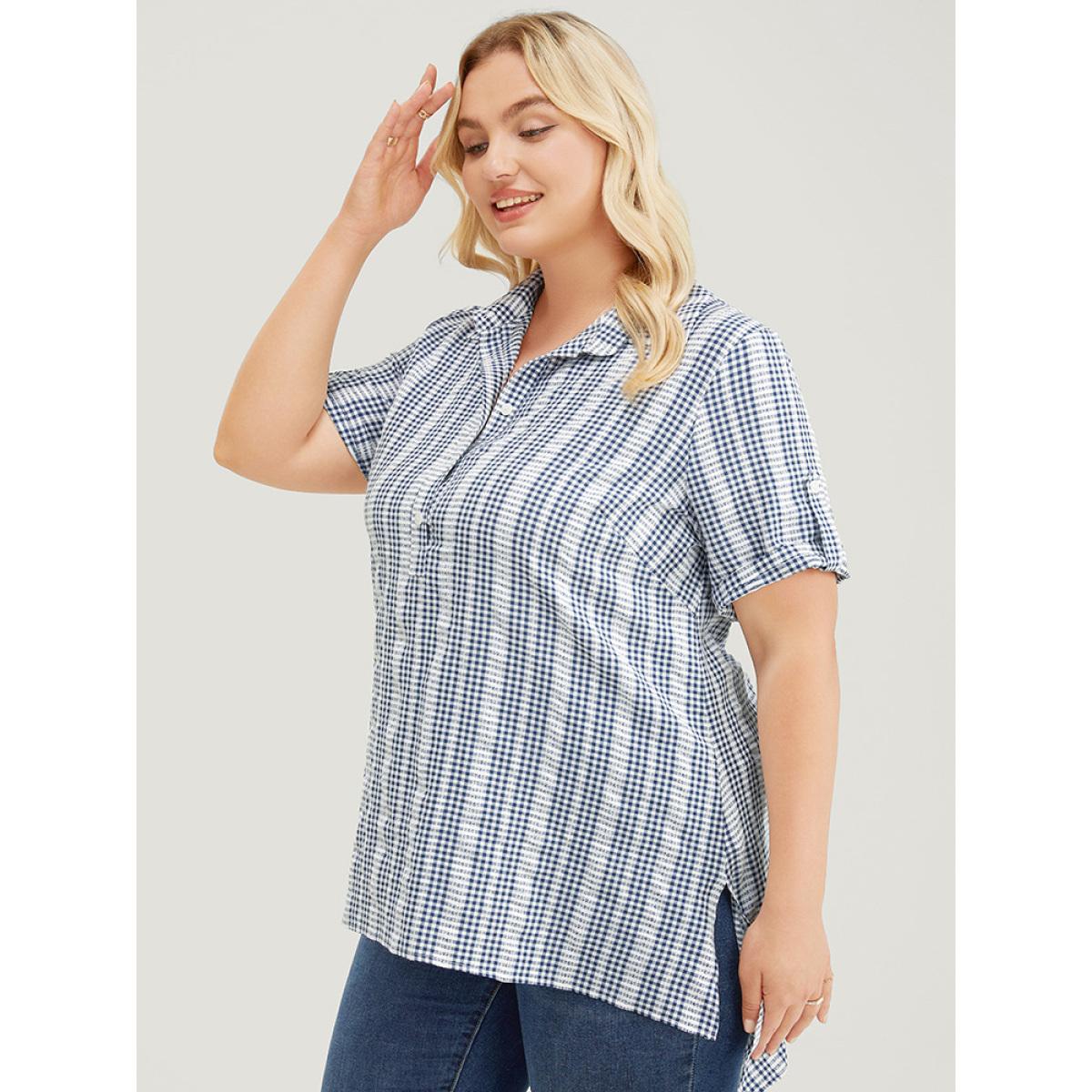 Plus Size Stone Plaid Shirt Collar Button Up Cuffed Sleeve Split Blouse Women Office Short sleeve Shirt collar Work Blouses BloomChic 22-24/3X Product Image