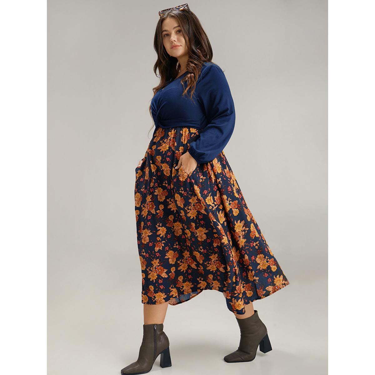 Plus Size Supersoft Essentials Floral Patchwork Twist Front Dress DarkBlue Women Elegant Elastic cuffs V-neck Long Sleeve Curvy Midi Dress BloomChic 12/L Product Image