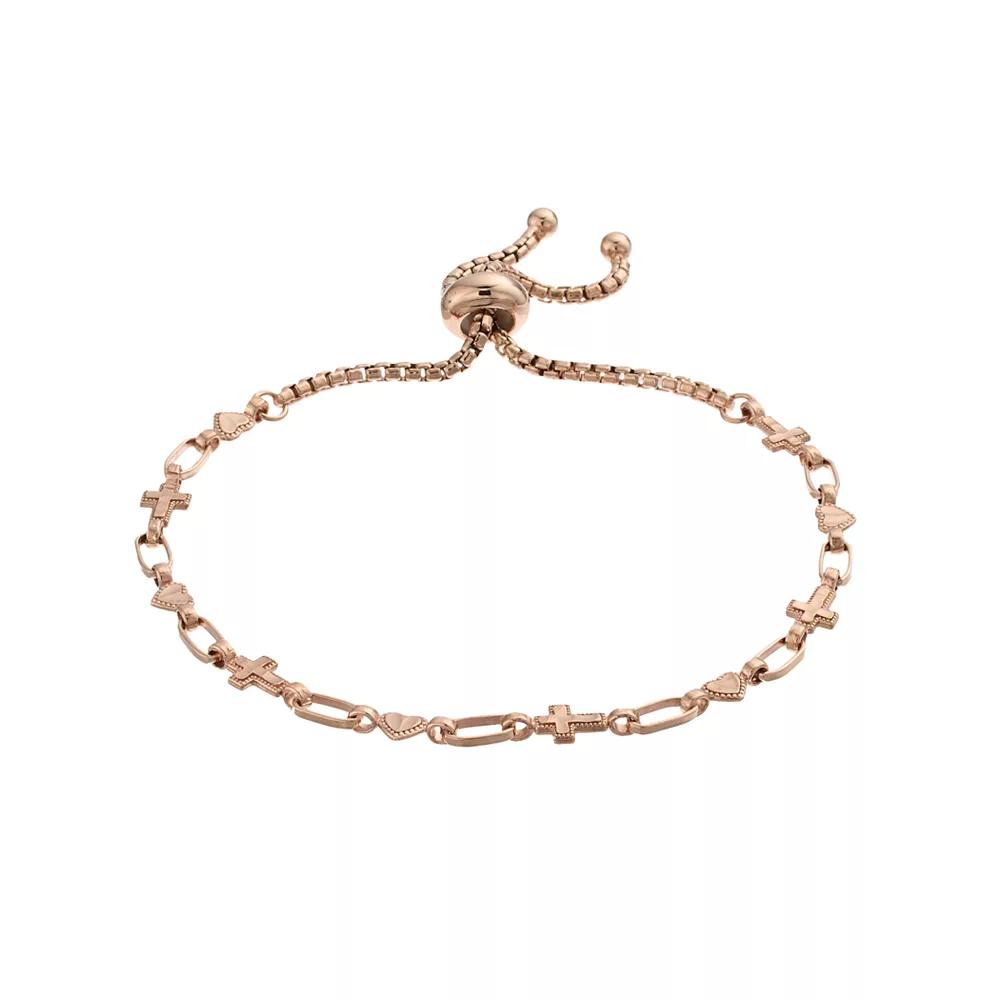 Kristen Kesho Sterling Silver Cross & Heart Link Adjustable Bolo Bracelet, Women's, Size: 9.50, Pink Tone Product Image