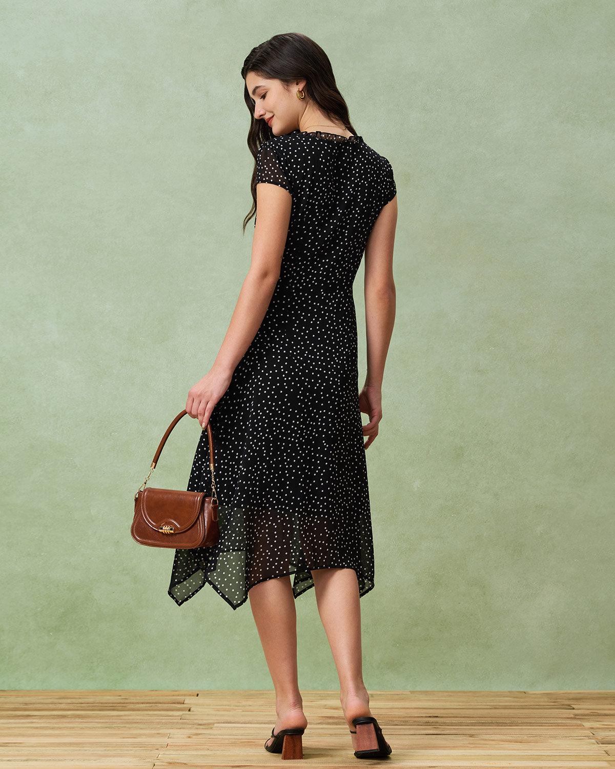 Black V Neck Polka Dot Midi Dress Product Image