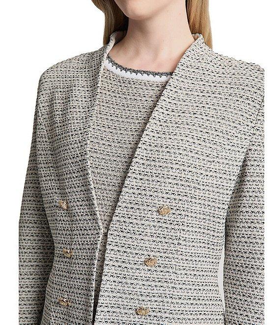 Ming Wang x Tanya Foster Tweed Knit V-Neck Long Sleeve Hook Front Jacket Product Image
