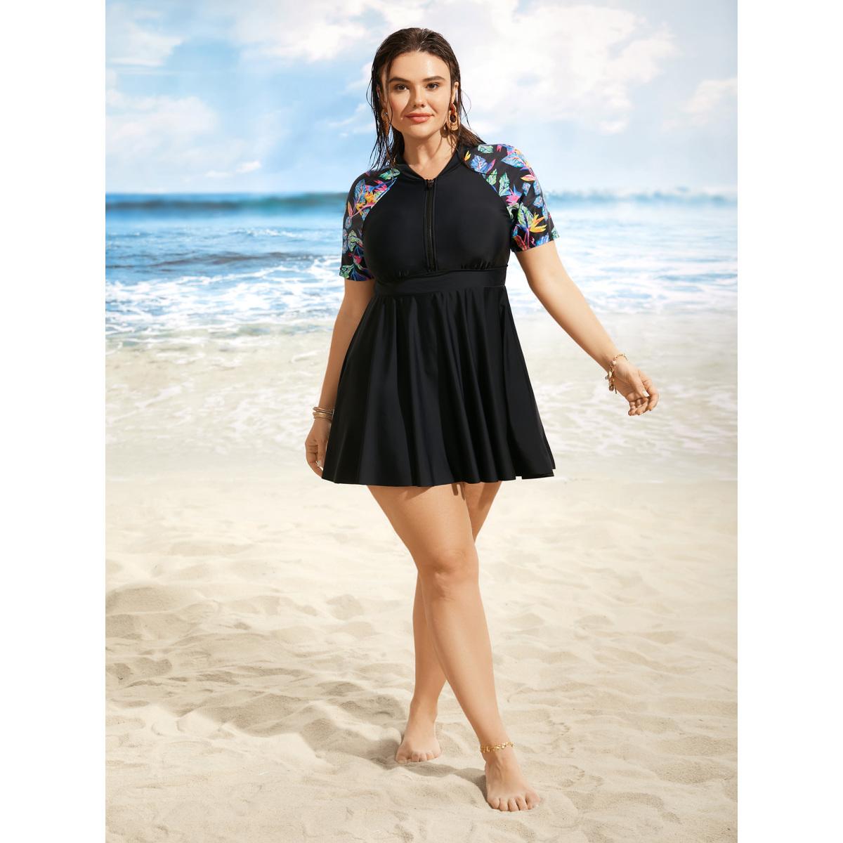 Plus Size Tropical Print Half Zip Raglan Sleeve Swim Dress Women's Swimwear Black Resort Bodycon Stand-up collar High stretch Curve Swim Dresses BloomChic 26/4X Product Image