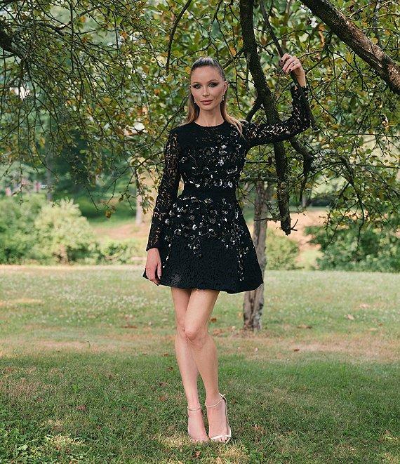 Muse by Marchesa Iris Schiffli Lace Floral Embroidered Round Neck Long Sleeve Fit and Flare Mini Dress Product Image