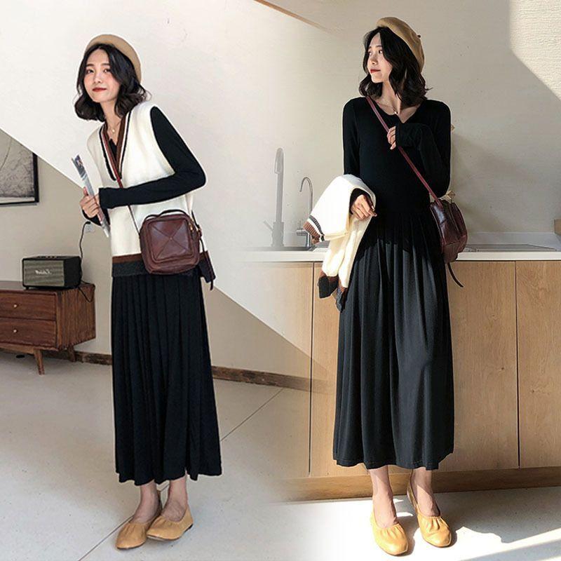 Maternity Set: V-Neck Sweater Vest + Long-Sleeve Maxi A-Line Dress Product Image