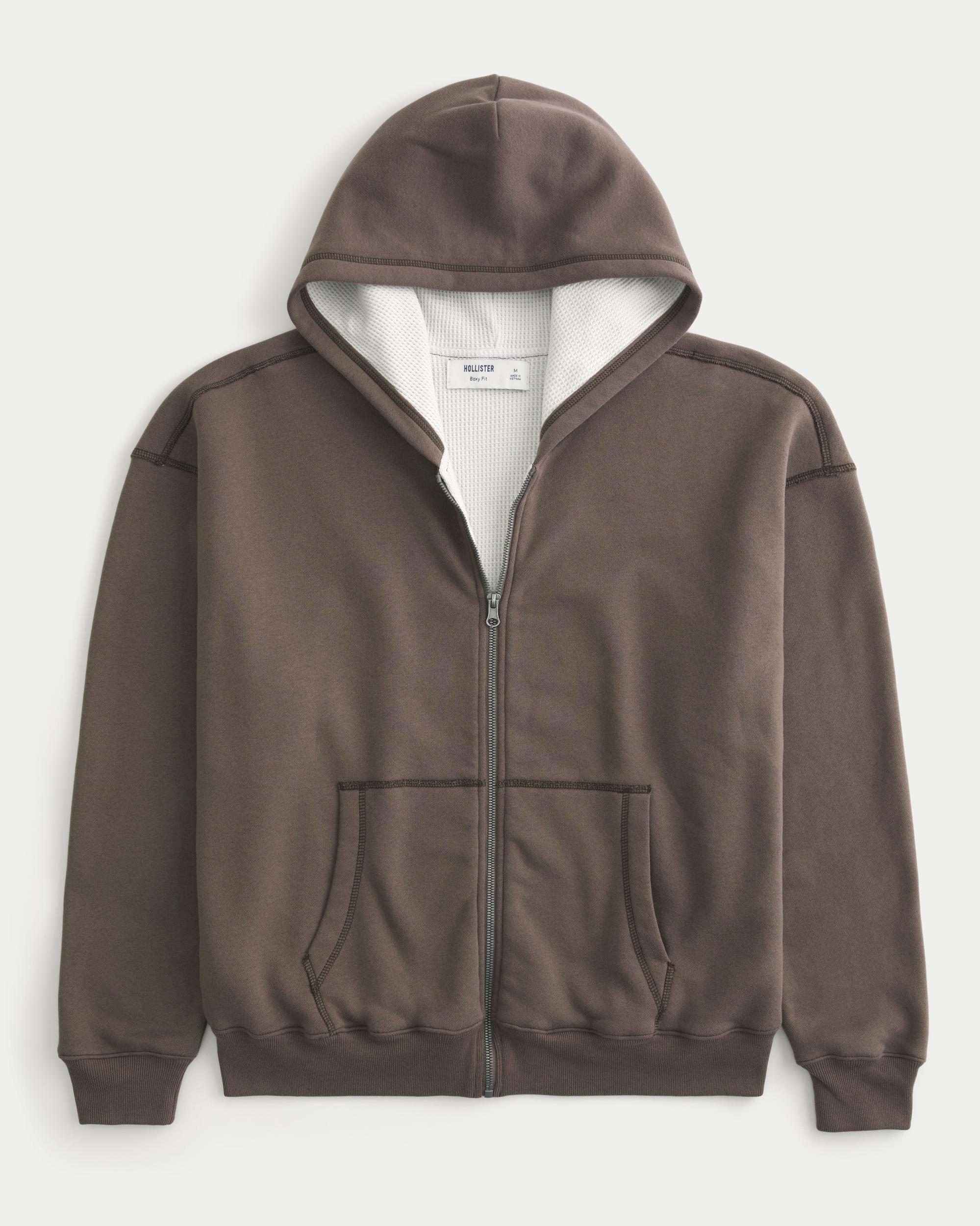 Boxy Waffle-Lined Zip-Up Hoodie Product Image