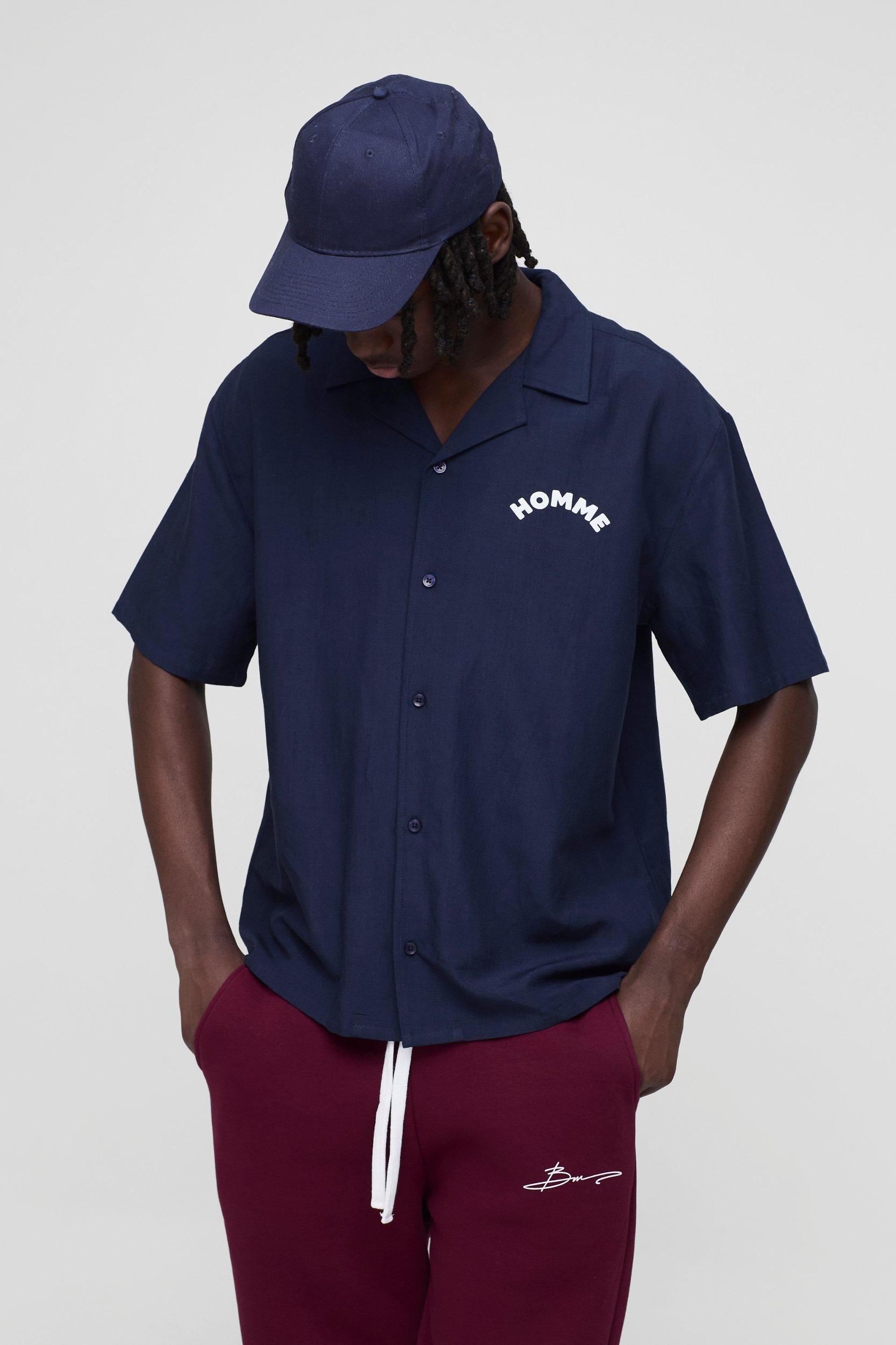 Oversized Slogan Print Linen Look Shirt | boohooMAN USA Product Image