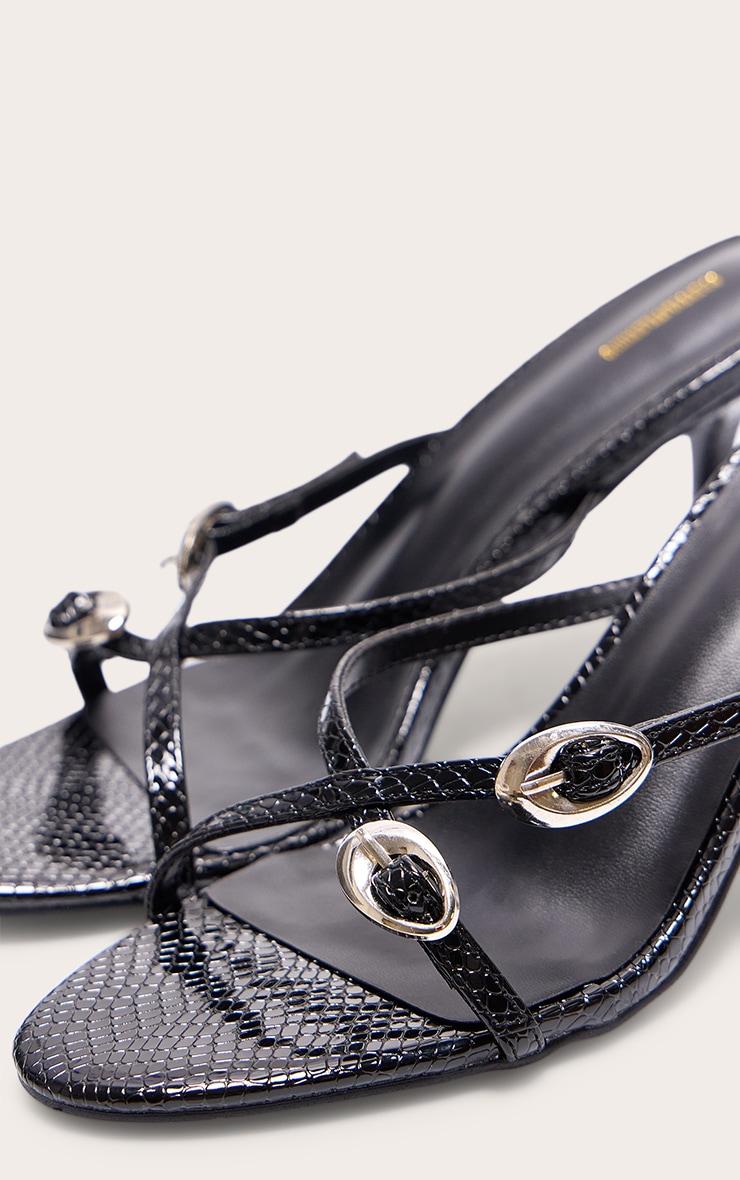 Black Croc PU Round Toe Silver Buckle Cross Strap Detail High Heeled Sandals Product Image