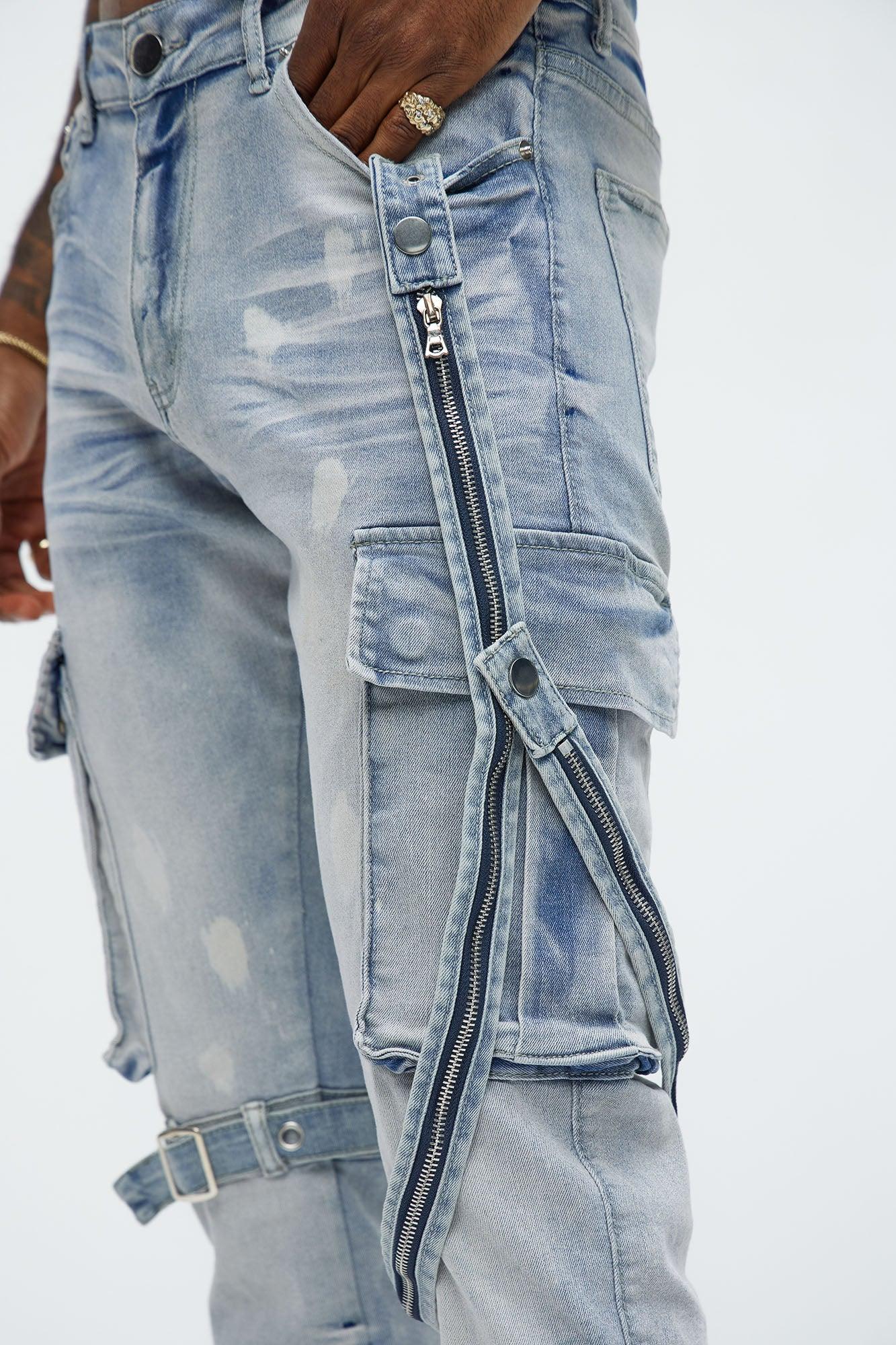Buckle And Strap Stacked Skinny Jeans - Light Wash Product Image