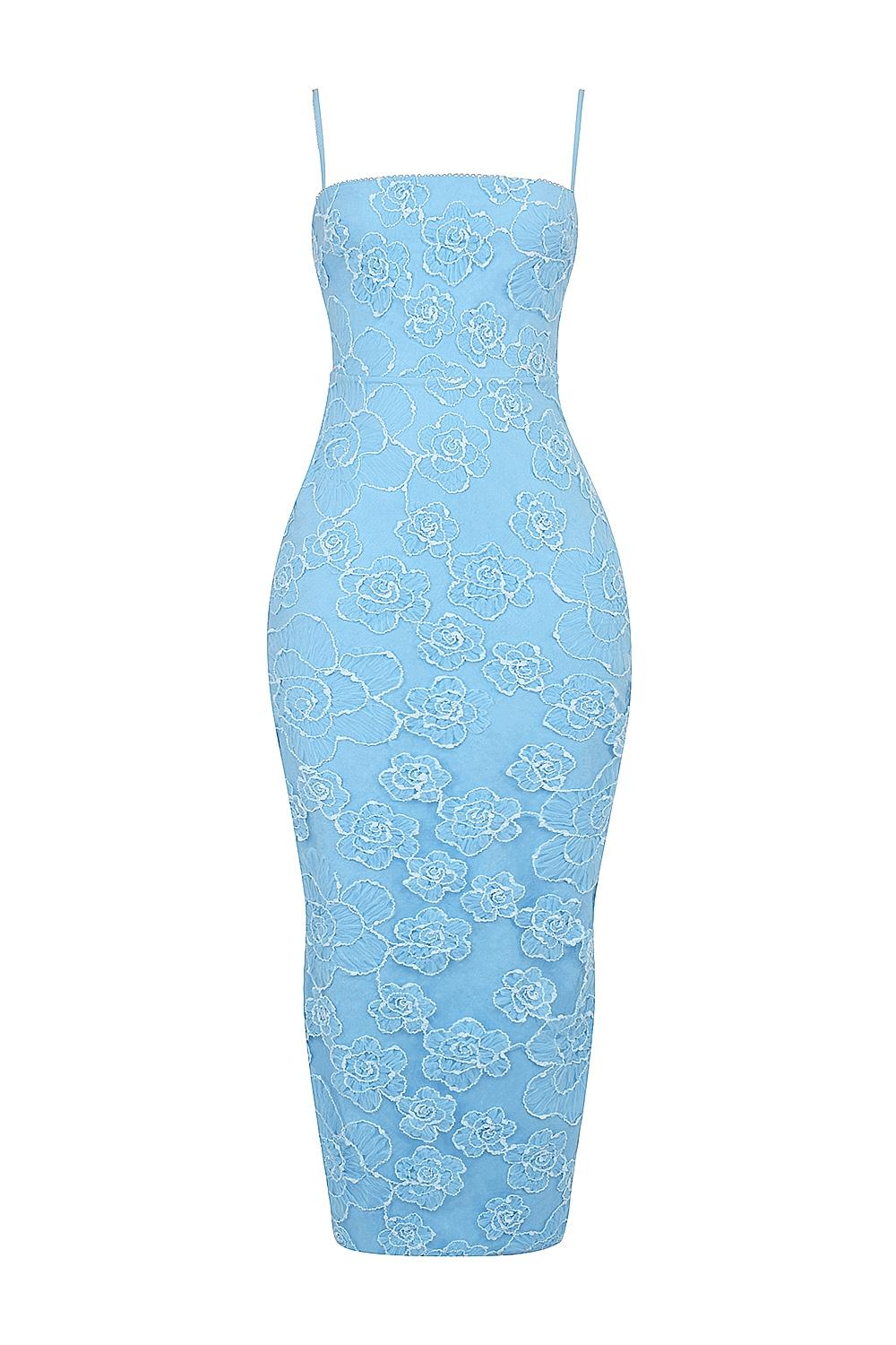 Eva  tuscan blue embroidered floral maxi dress Product Image