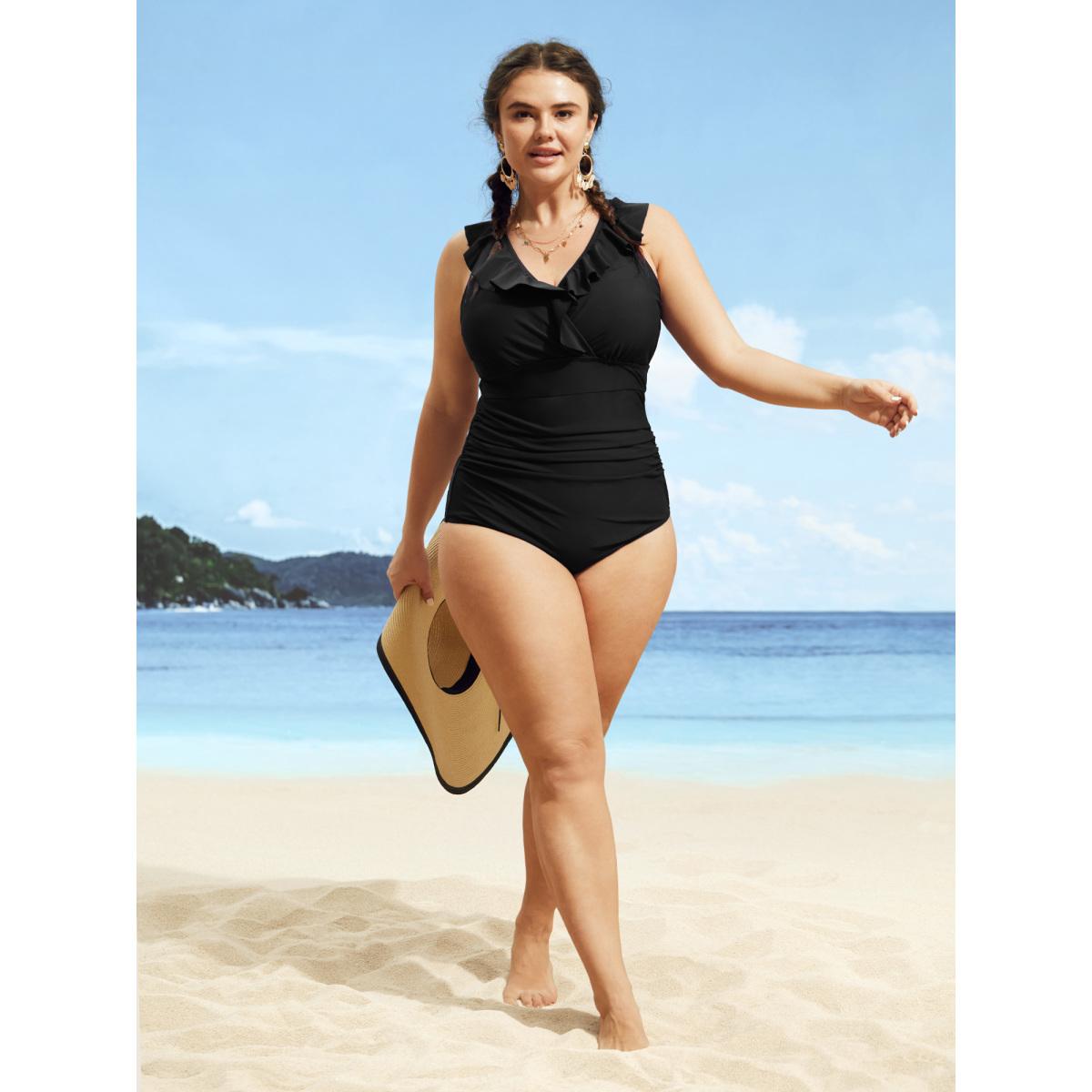 Plus Size Plain Ruffle Trim Gathered One Piece Swimsuit Women's Swimwear Black Beach Gathered Curve Bathing Suits High stretch One Pieces BloomChic 12/L Product Image