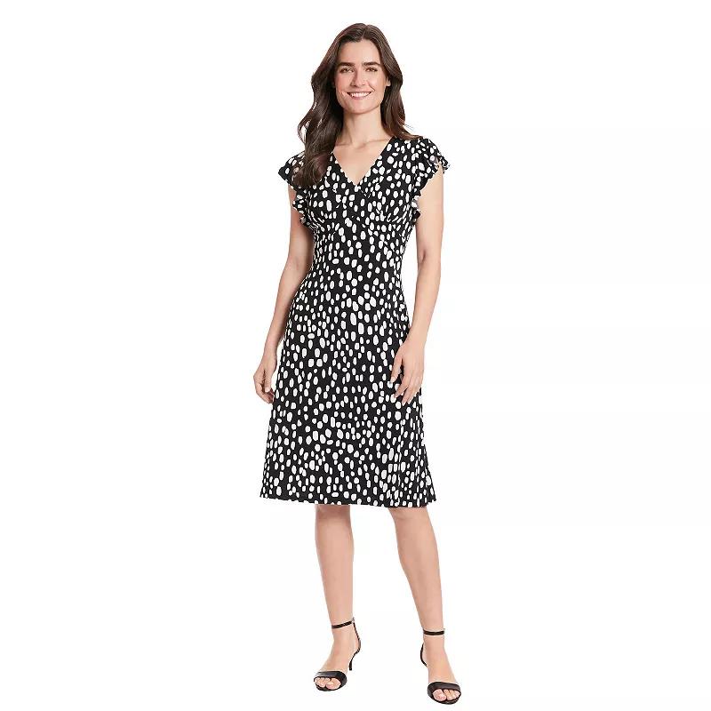 Women's London Times Ruffle Sleeve V-Neck Midi Dress, Size: 12, Black Soft White Product Image