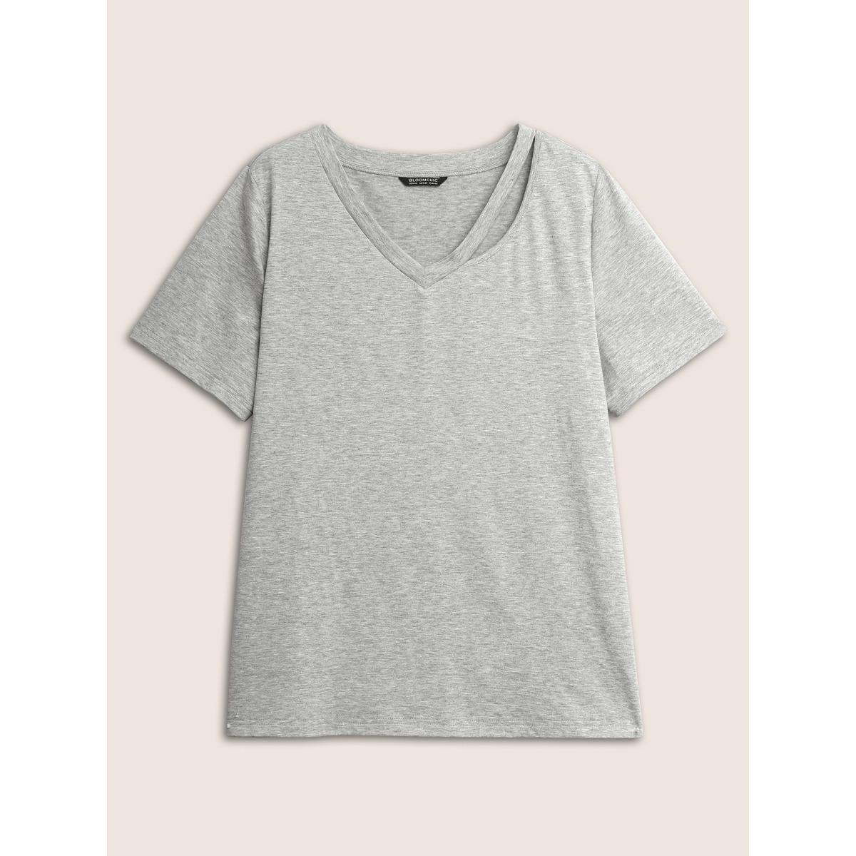 Plus Size V Neck Solid Heather Cut Out T-shirt Gray Women Casual Cut-Out V-neck Everyday T-shirts BloomChic 14-16/1X Product Image