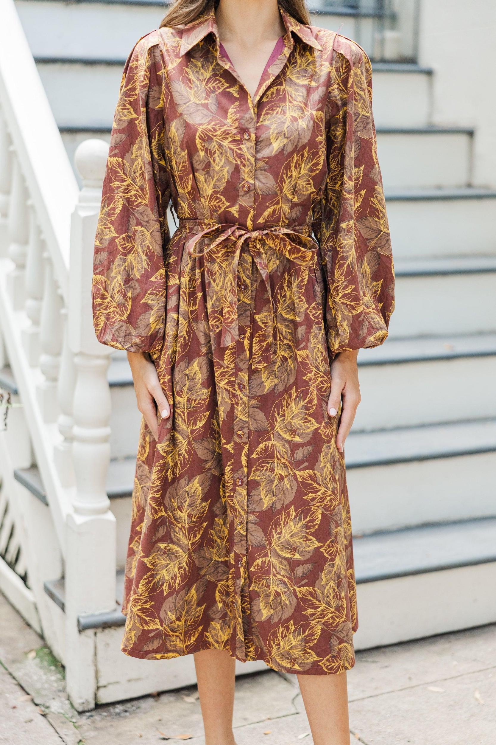 Somewhere Out There Brown Leaf Print Midi Dress Female Product Image