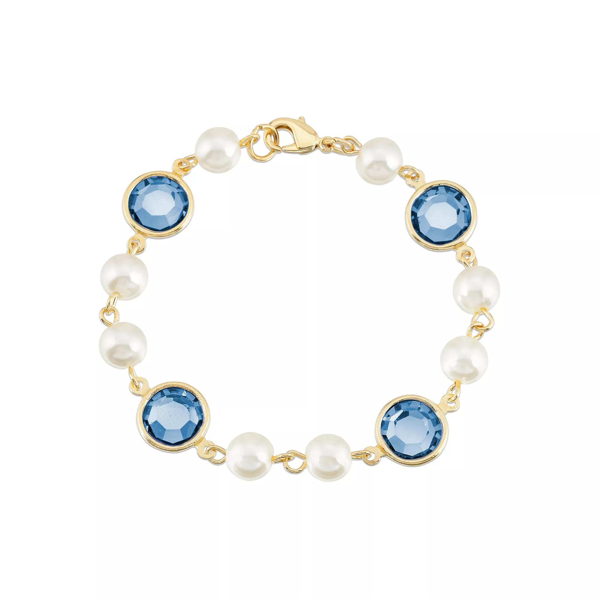 1928 Gold Tone Simulated Pearl & Crystal Chain Bracelet, Womens, Dark Blue Product Image