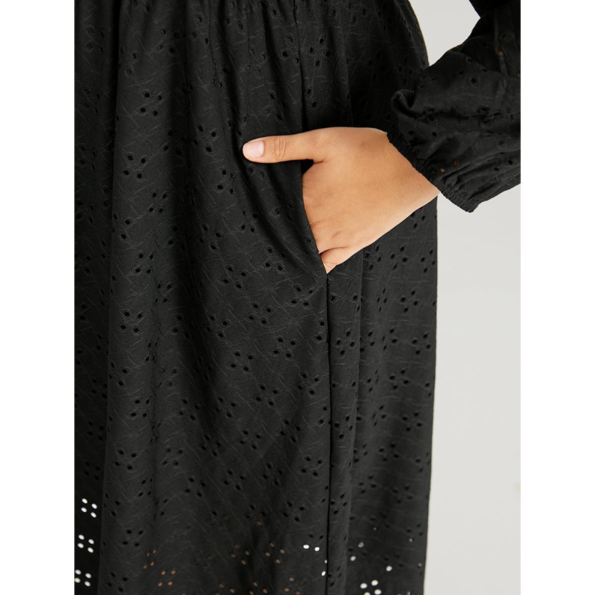 Plus Size Plain Square Neck Laser Cut Lantern Sleeve Dress Black Women Elegant Elastic cuffs Square Neck Long Sleeve Curvy Midi Dress BloomChic 12/L Product Image