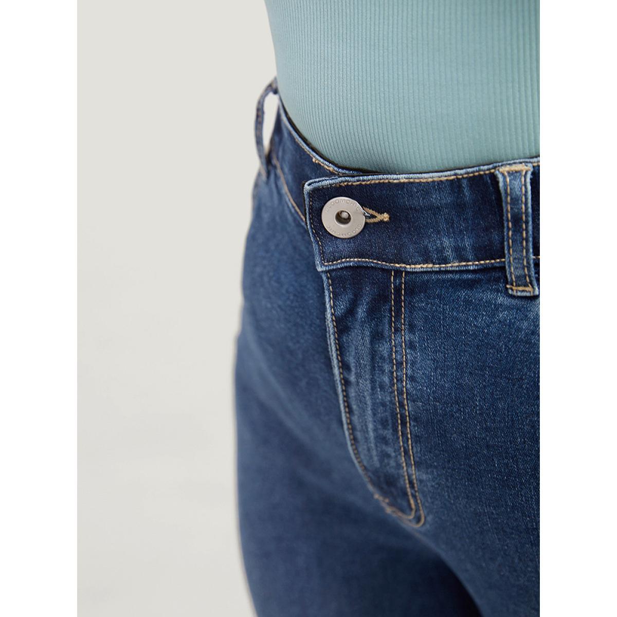 Plus Size Butterfly Embroidered Moderately Stretchy High Rise Dark Wash Bootcut Jeans Women Blue Elegant Plain Embroidered Medium stretch Pocket Jeans BloomChic 16/1X Product Image