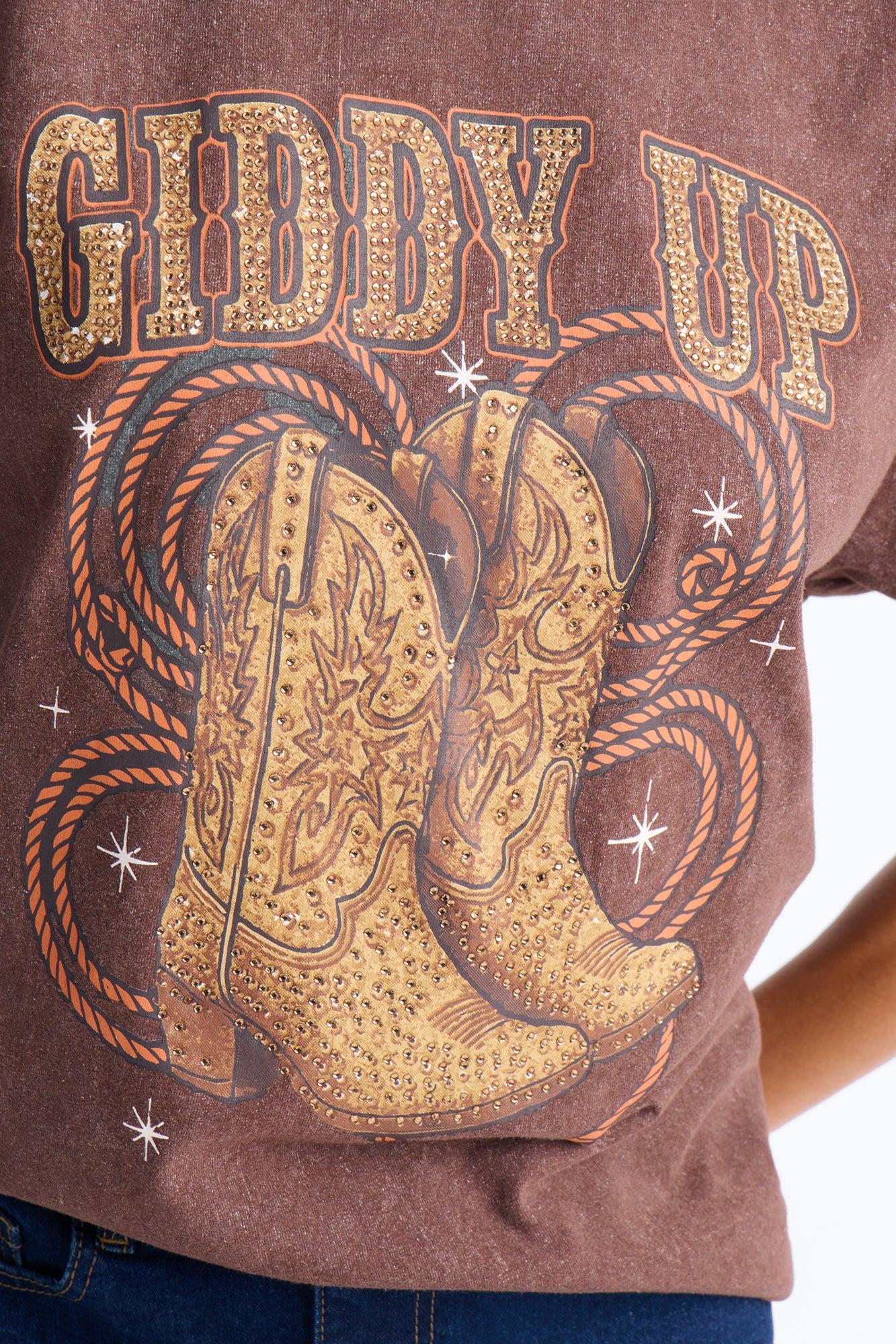 Giddy Up Boots Washed Tee With Rhinestones - Dark Brown Female Product Image
