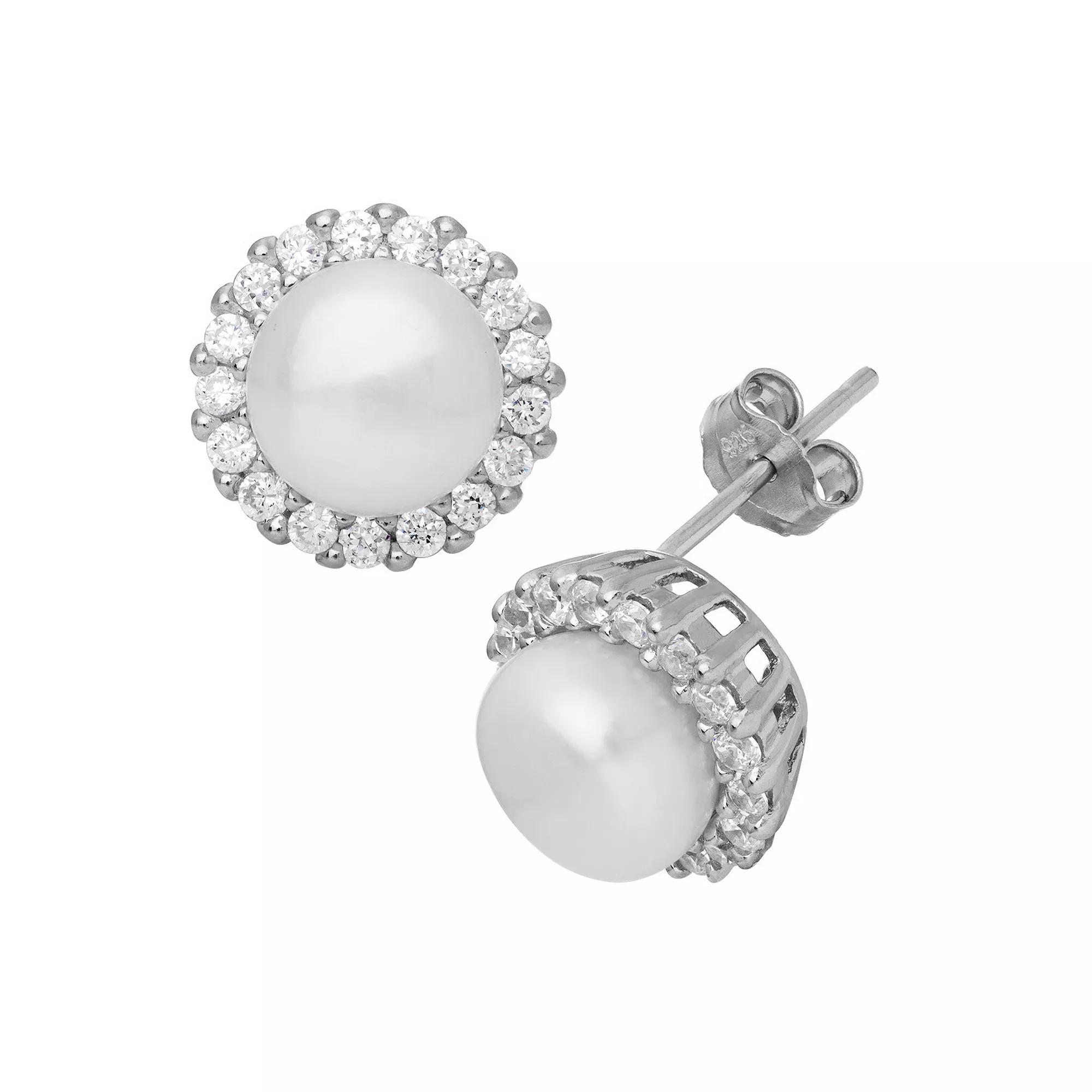 Sterling Silver Freshwater Cultured Pearl & Cubic Zirconia Stud Earrings, Women's Product Image