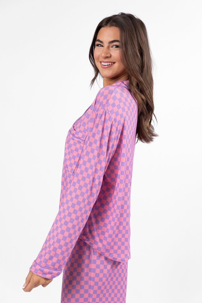 Good To Get Away Light Pink and Lilac Checkered Long Sleeve Pajama Top FINAL SALE Product Image