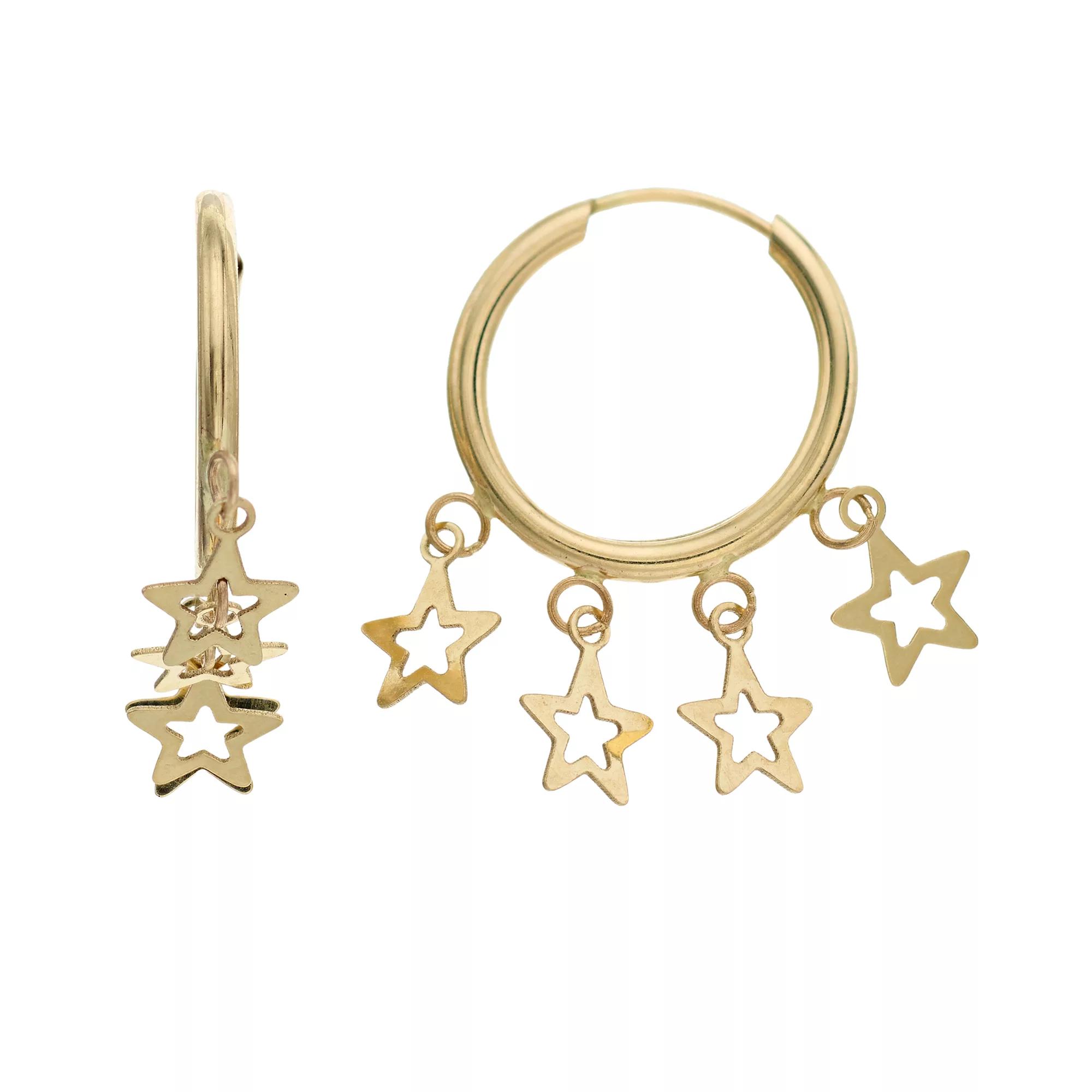 14k Gold Star Dangle Hoop Earrings, Women's Product Image