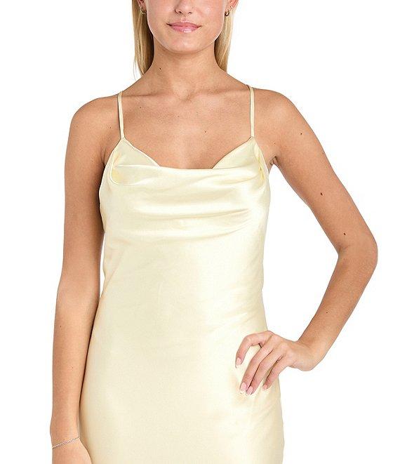 Morgan & Co. Sleeveless Long Spaghetti Strap Charmeuse Draped Front And X Back Long Dress Product Image