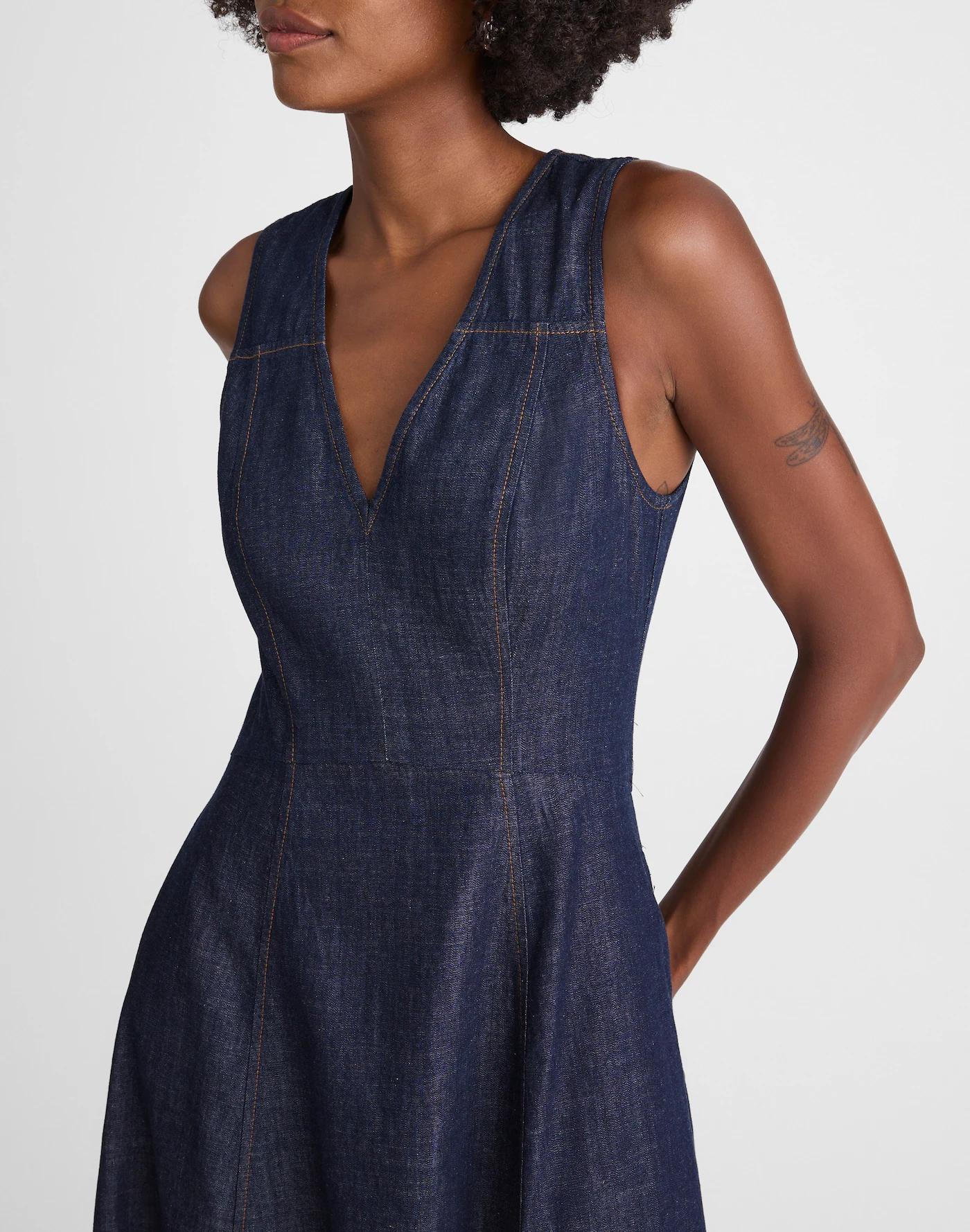 Denim V-Neck Circle Midi Dress Product Image