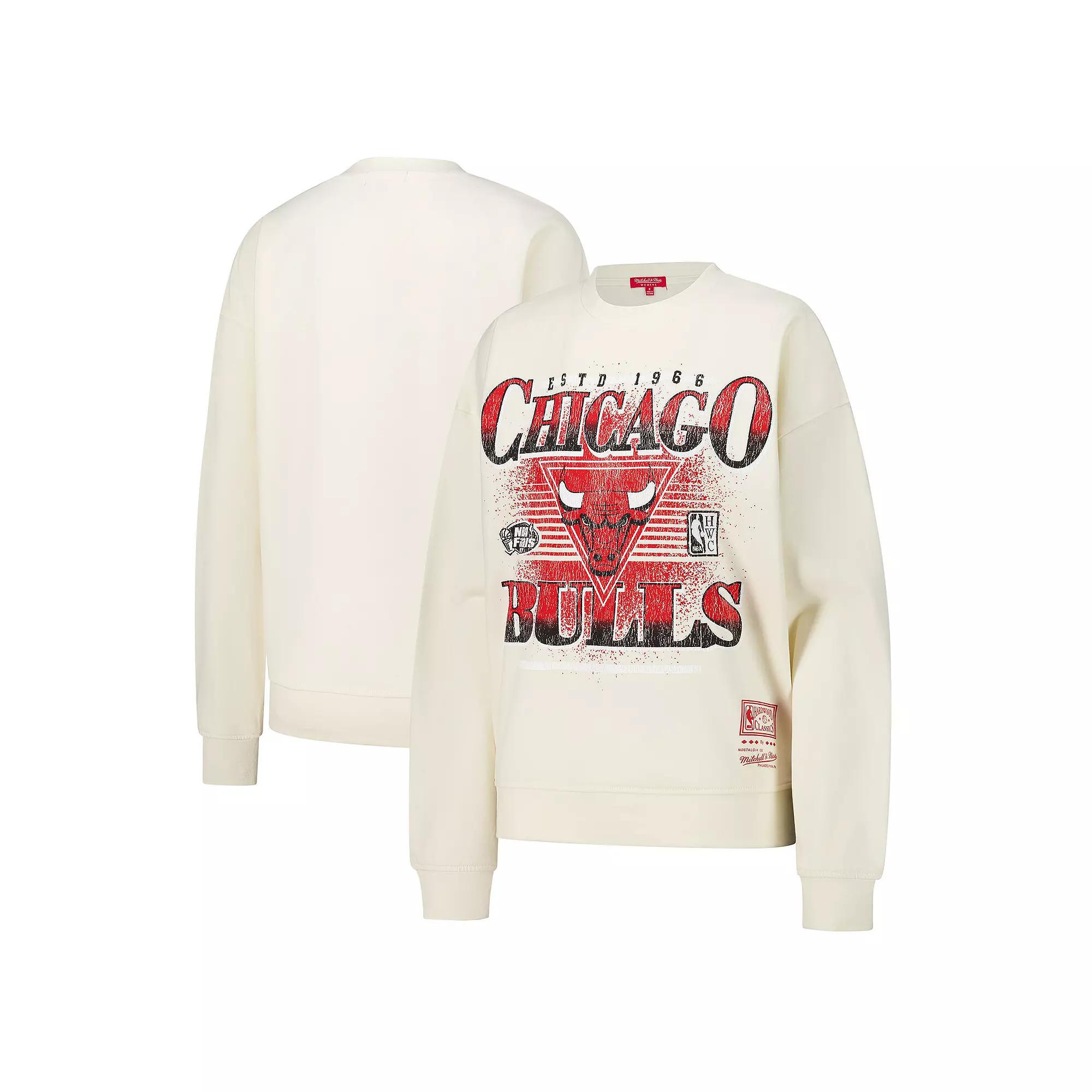 Women's Mitchell & Ness Cream Chicago Bulls Oversprayed Pullover Sweatshirt,  Product Image