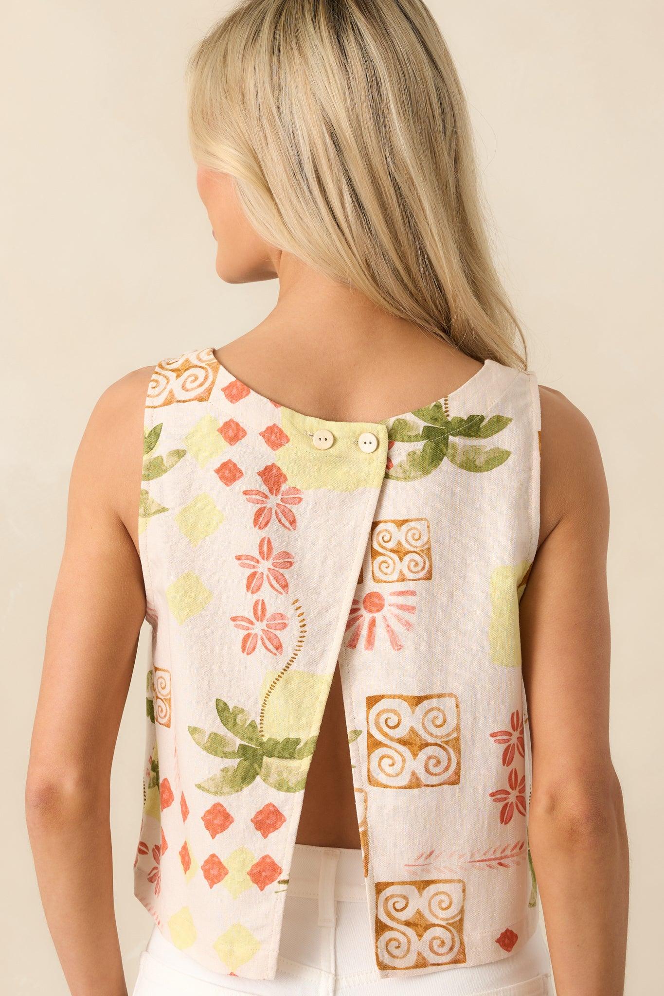 Good Days Only Beige Tropical Print Linen Sleeveless Crop Top Product Image