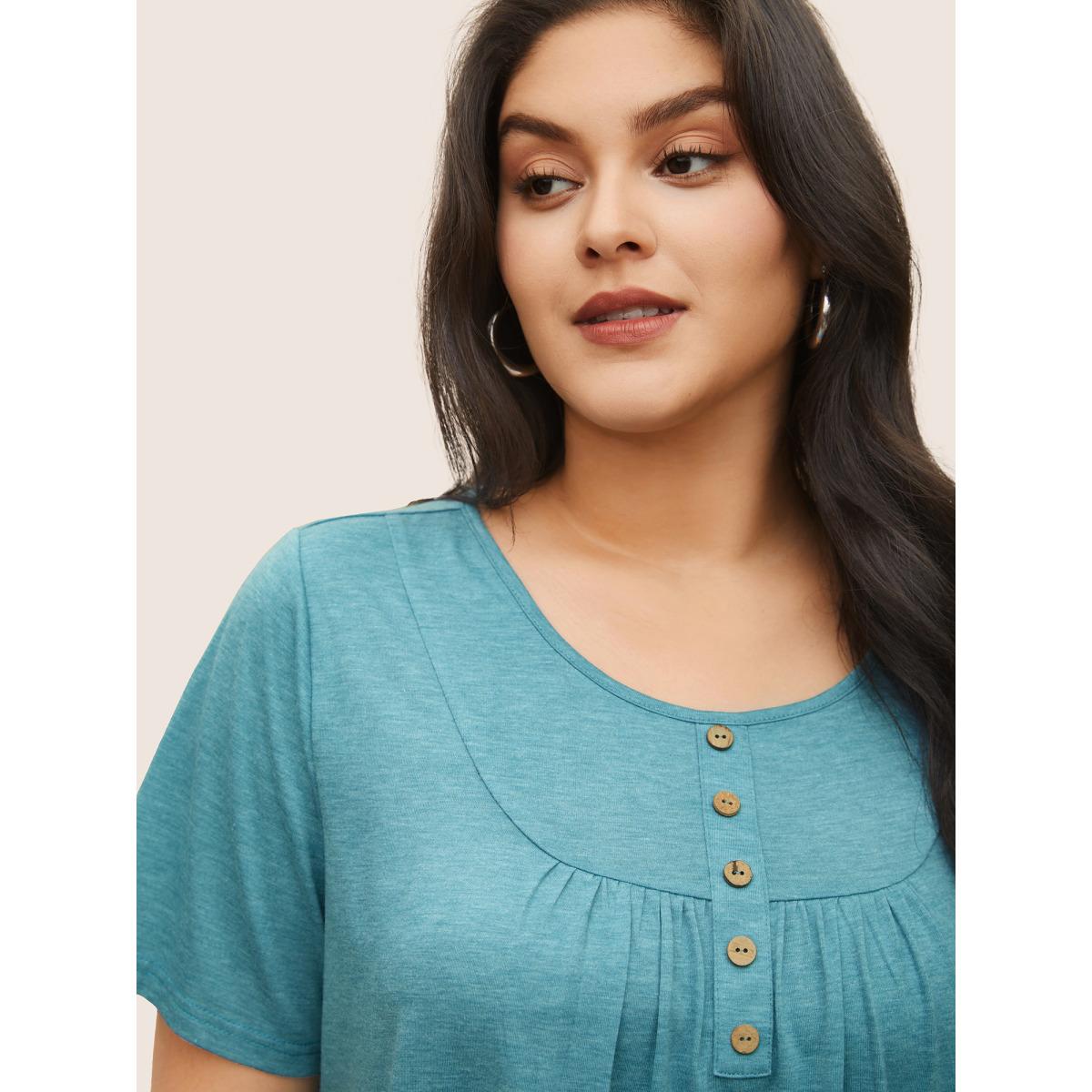 Plus Size Solid Heather Button Detail Gathered T-shirt Turquoise Women Casual Button Plain U-neck Everyday T-shirts BloomChic 26/4X Product Image
